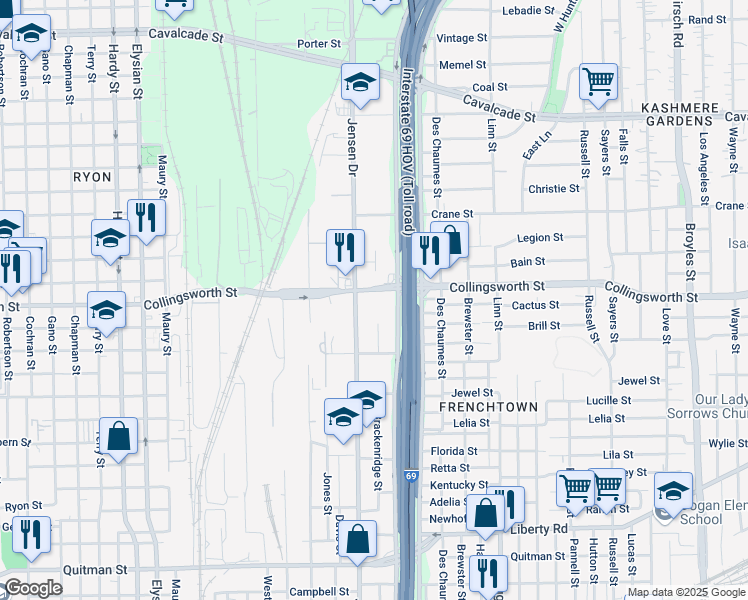 map of restaurants, bars, coffee shops, grocery stores, and more near 3300 Jensen Drive in Houston