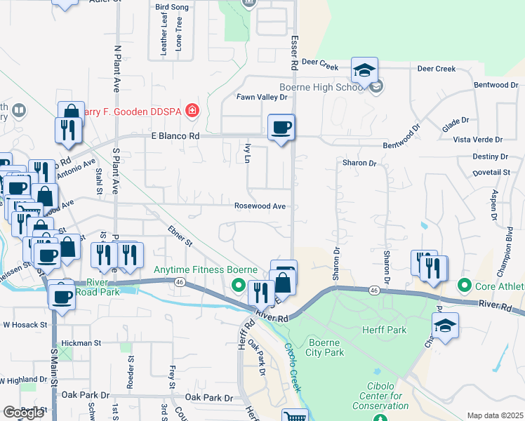 map of restaurants, bars, coffee shops, grocery stores, and more near 719 Rosewood Avenue in Boerne