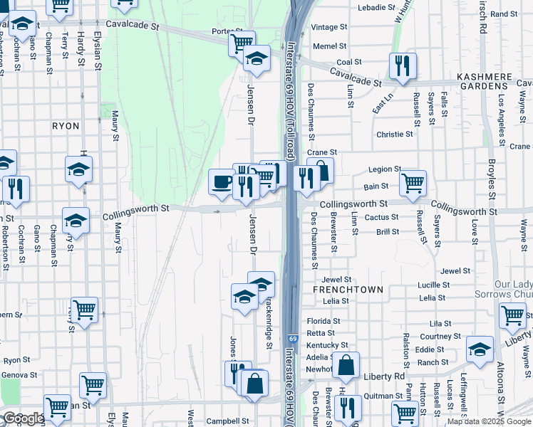 map of restaurants, bars, coffee shops, grocery stores, and more near 3300 Jensen Drive in Houston