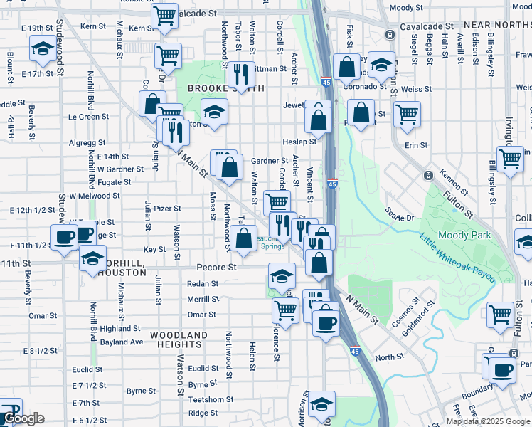 map of restaurants, bars, coffee shops, grocery stores, and more near 3933 North Main Street in Houston