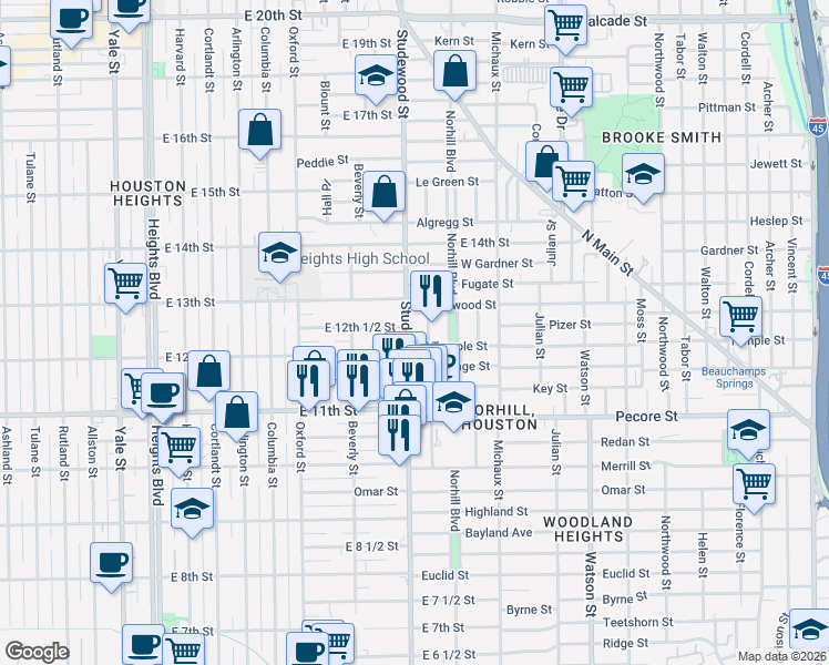 map of restaurants, bars, coffee shops, grocery stores, and more near in Houston