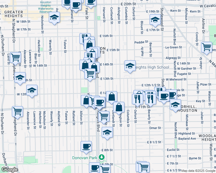 map of restaurants, bars, coffee shops, grocery stores, and more near 1207 Cortlandt Street in Houston
