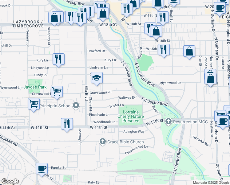 map of restaurants, bars, coffee shops, grocery stores, and more near 6234 Waltway Drive in Houston