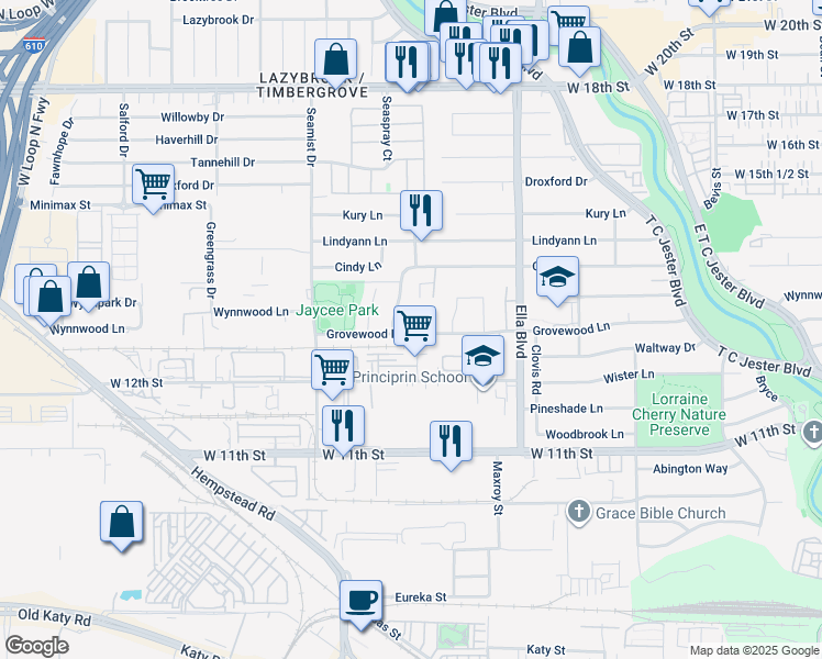 map of restaurants, bars, coffee shops, grocery stores, and more near 6619 Grovewood Lane in Houston