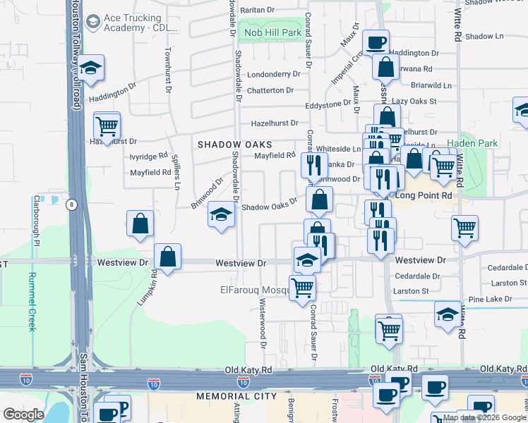 map of restaurants, bars, coffee shops, grocery stores, and more near 10238 Oak Point Drive in Houston