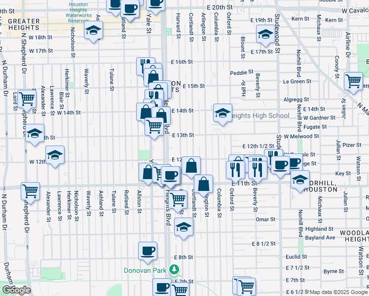 map of restaurants, bars, coffee shops, grocery stores, and more near 1222 Harvard Street in Houston