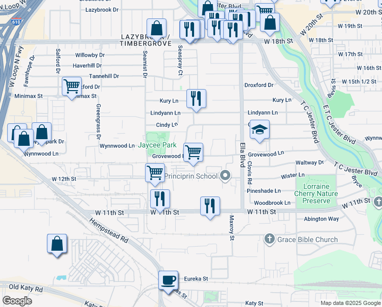 map of restaurants, bars, coffee shops, grocery stores, and more near 6619 Grovewood Lane in Houston