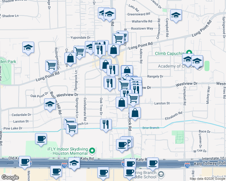 map of restaurants, bars, coffee shops, grocery stores, and more near 9500 Westview Drive in Houston