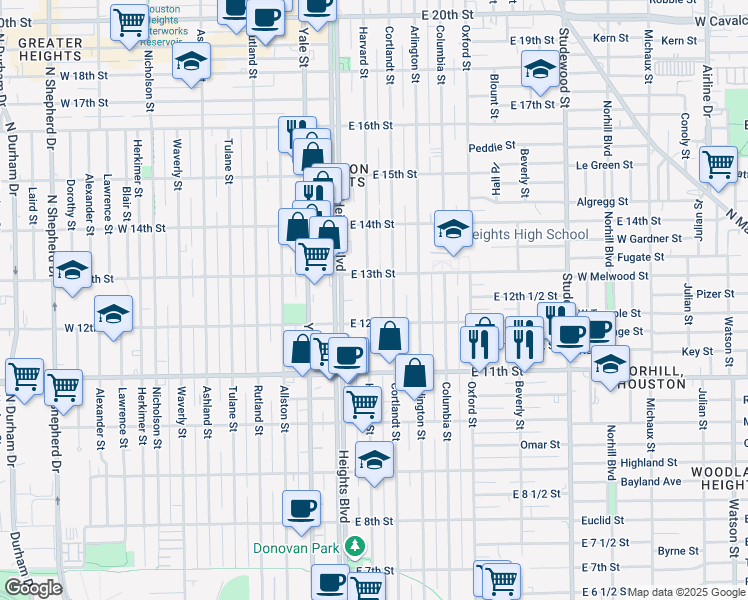 map of restaurants, bars, coffee shops, grocery stores, and more near 1222 Harvard Street in Houston