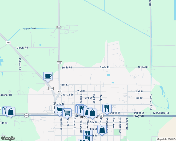 map of restaurants, bars, coffee shops, grocery stores, and more near 3915 Stella Road in Brookshire