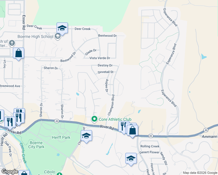 map of restaurants, bars, coffee shops, grocery stores, and more near 208 Champion Boulevard in Boerne