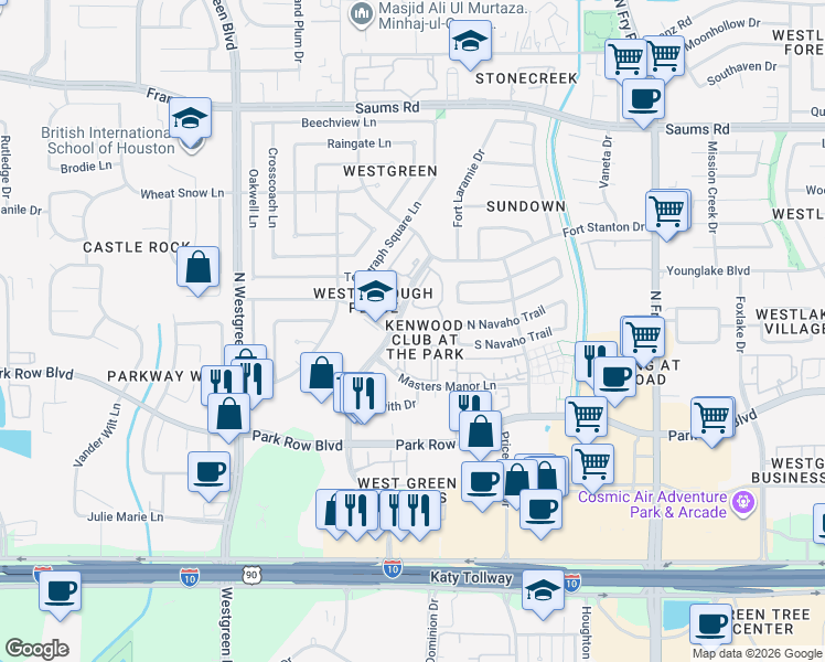 map of restaurants, bars, coffee shops, grocery stores, and more near 2000 Westborough Drive in Katy