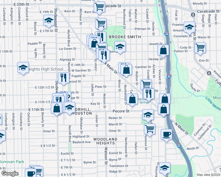 map of restaurants, bars, coffee shops, grocery stores, and more near 723 West Temple Street in Houston