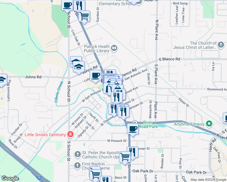 map of restaurants, bars, coffee shops, grocery stores, and more near 170 South Main Street in Boerne