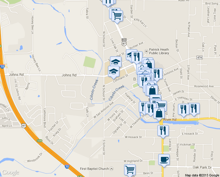 map of restaurants, bars, coffee shops, grocery stores, and more near 106 West Cibolo Drive in Boerne