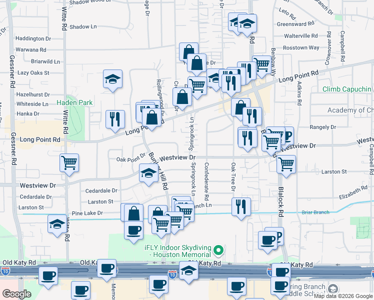 map of restaurants, bars, coffee shops, grocery stores, and more near 9702 Tappenbeck Drive in Houston