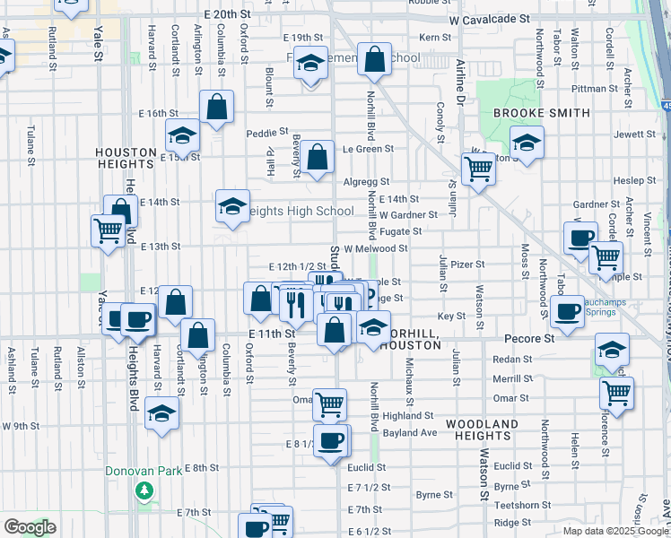 map of restaurants, bars, coffee shops, grocery stores, and more near Studewood Street in Houston