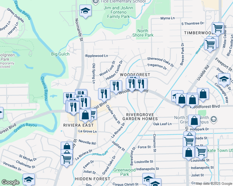 map of restaurants, bars, coffee shops, grocery stores, and more near 12812 Woodforest Boulevard in Houston