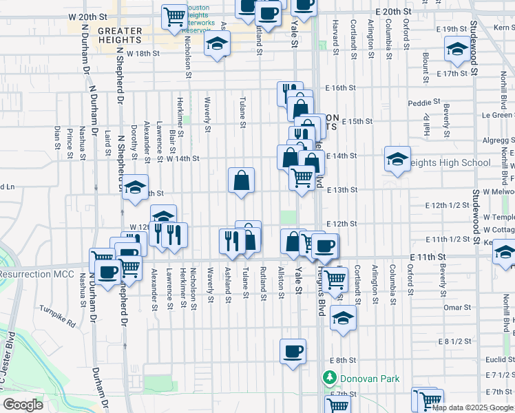 map of restaurants, bars, coffee shops, grocery stores, and more near 1227 Rutland Street in Houston