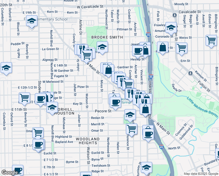 map of restaurants, bars, coffee shops, grocery stores, and more near 211 Tabor Street in Houston