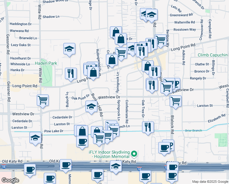 map of restaurants, bars, coffee shops, grocery stores, and more near 9702 Tappenbeck Drive in Houston