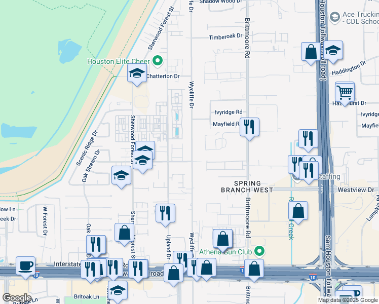 map of restaurants, bars, coffee shops, grocery stores, and more near 1510 Upland Glen Way in Houston