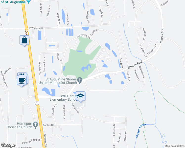 map of restaurants, bars, coffee shops, grocery stores, and more near 1703 Prestwick Place in Saint Augustine
