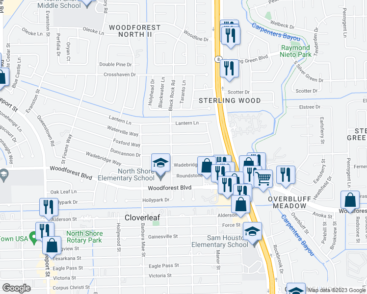 map of restaurants, bars, coffee shops, grocery stores, and more near 14418 Foxford Way in Houston