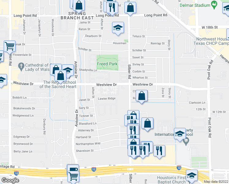 map of restaurants, bars, coffee shops, grocery stores, and more near 1370 Afton Street in Houston