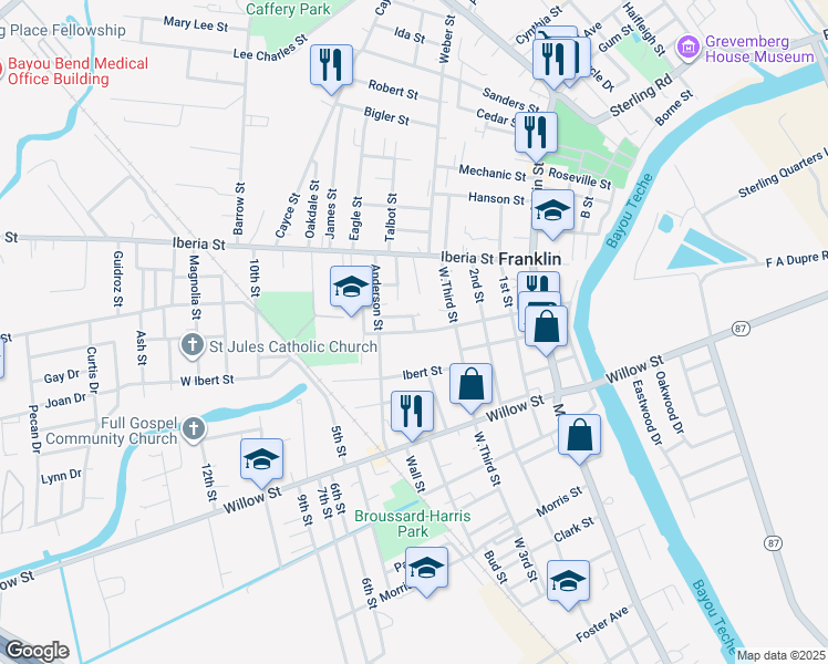 map of restaurants, bars, coffee shops, grocery stores, and more near 601 Adams Street in Franklin