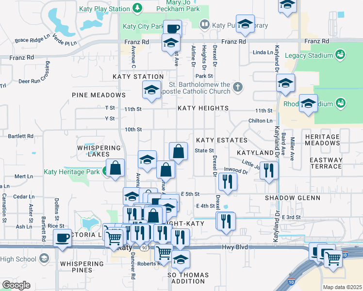 map of restaurants, bars, coffee shops, grocery stores, and more near 1518 East Avenue in Katy