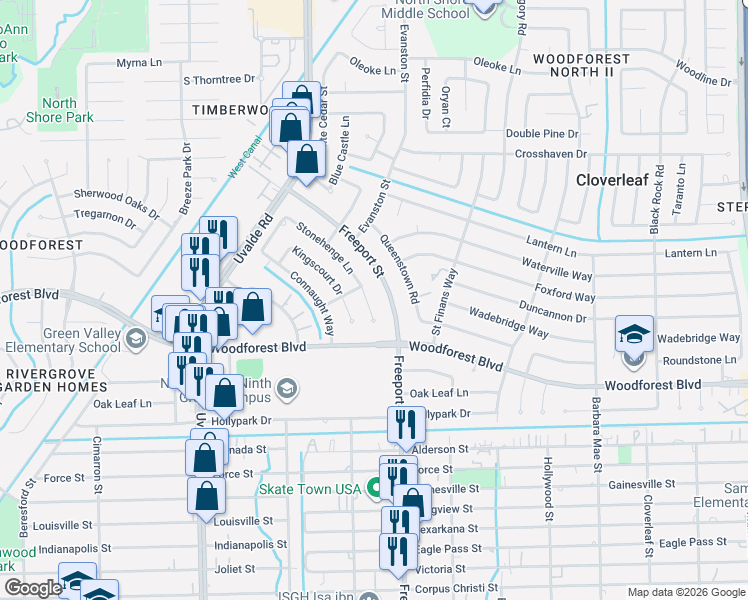 map of restaurants, bars, coffee shops, grocery stores, and more near 383 Stonehenge Lane in Houston