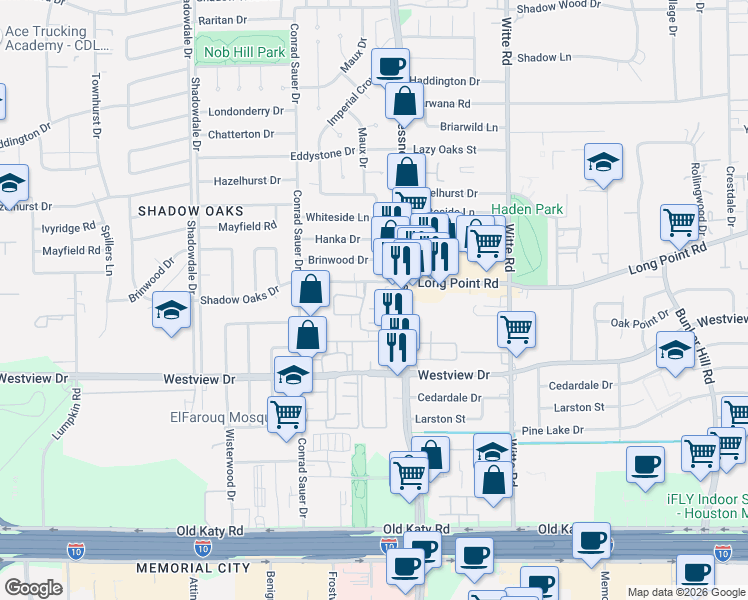 map of restaurants, bars, coffee shops, grocery stores, and more near 10144 Beekman Place Drive in Houston
