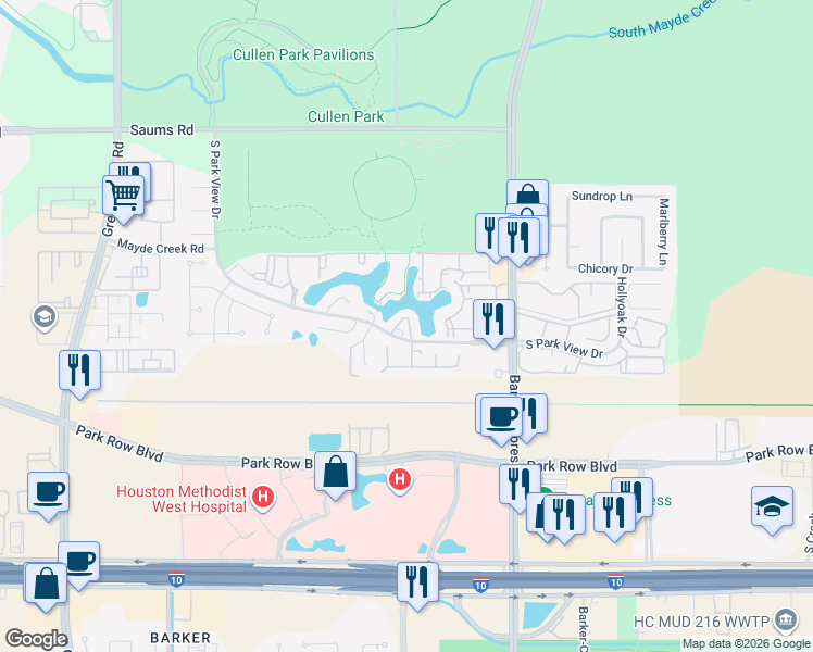 map of restaurants, bars, coffee shops, grocery stores, and more near 1719 Lake Harbor Way in Houston