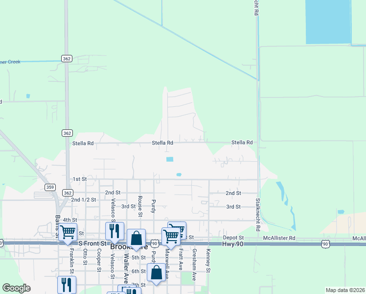 map of restaurants, bars, coffee shops, grocery stores, and more near 3423 Stella Road in Brookshire