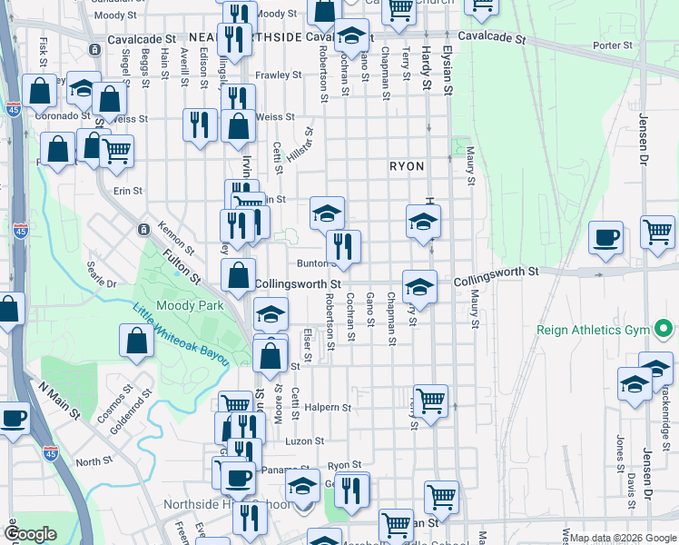 map of restaurants, bars, coffee shops, grocery stores, and more near 1110 Collingsworth Street in Houston