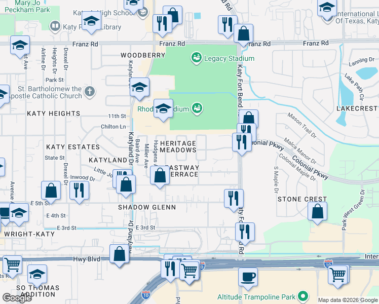 map of restaurants, bars, coffee shops, grocery stores, and more near 1419 Watts Avenue in Katy