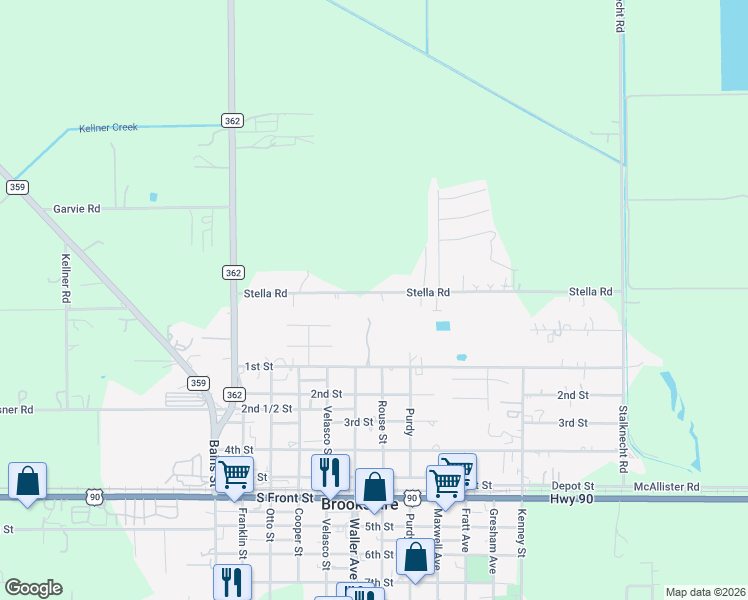 map of restaurants, bars, coffee shops, grocery stores, and more near 3823 Stella Road in Brookshire