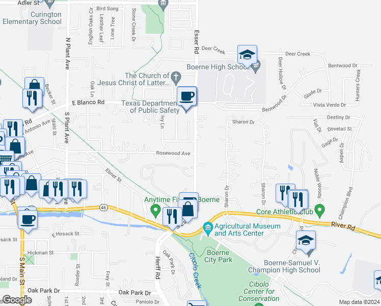 map of restaurants, bars, coffee shops, grocery stores, and more near 744 Rosewood Avenue in Boerne