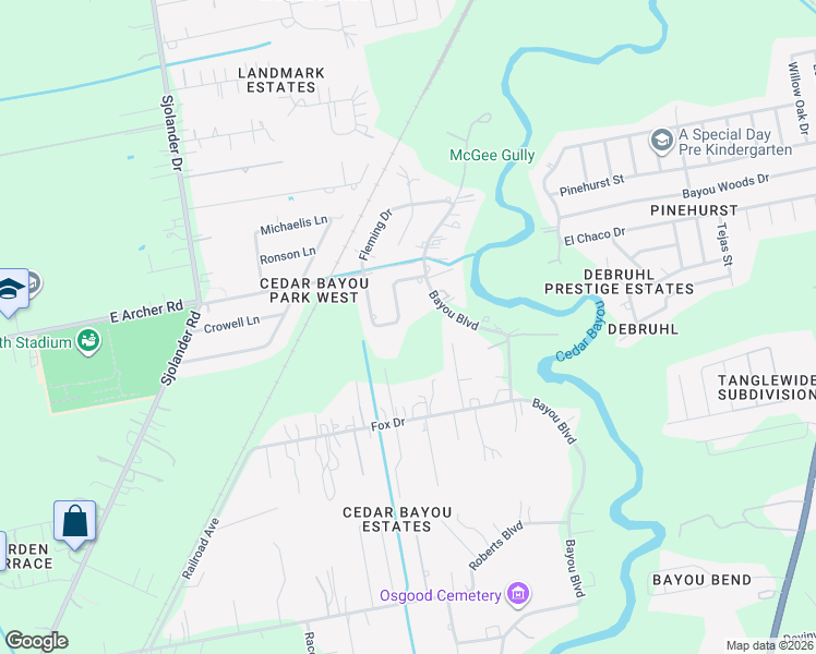 map of restaurants, bars, coffee shops, grocery stores, and more near 3523 Fox Drive in Baytown