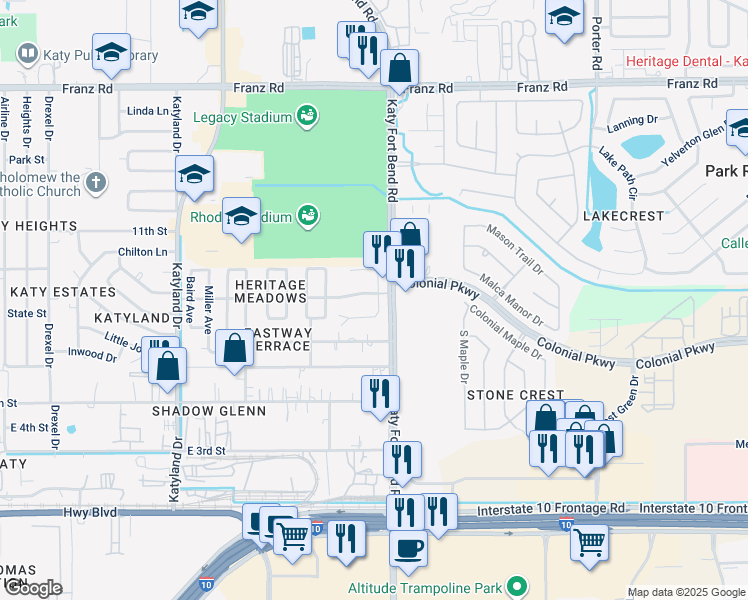 map of restaurants, bars, coffee shops, grocery stores, and more near 4925 South Nelson Drive in Katy