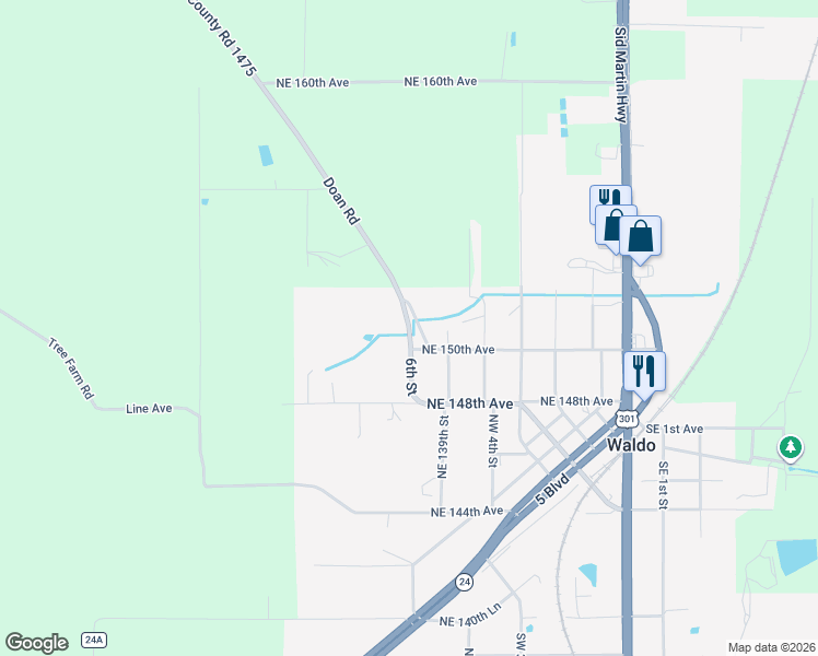 map of restaurants, bars, coffee shops, grocery stores, and more near 13834 Northeast 150th Avenue in Waldo