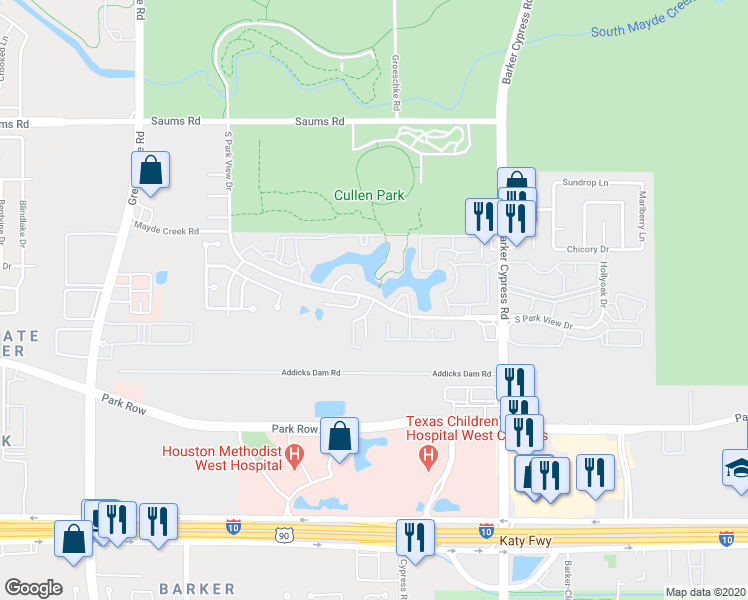 map of restaurants, bars, coffee shops, grocery stores, and more near 18597 South Parkview Drive in Houston