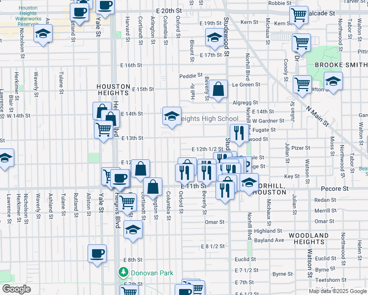 map of restaurants, bars, coffee shops, grocery stores, and more near 1230 Oxford Street in Houston