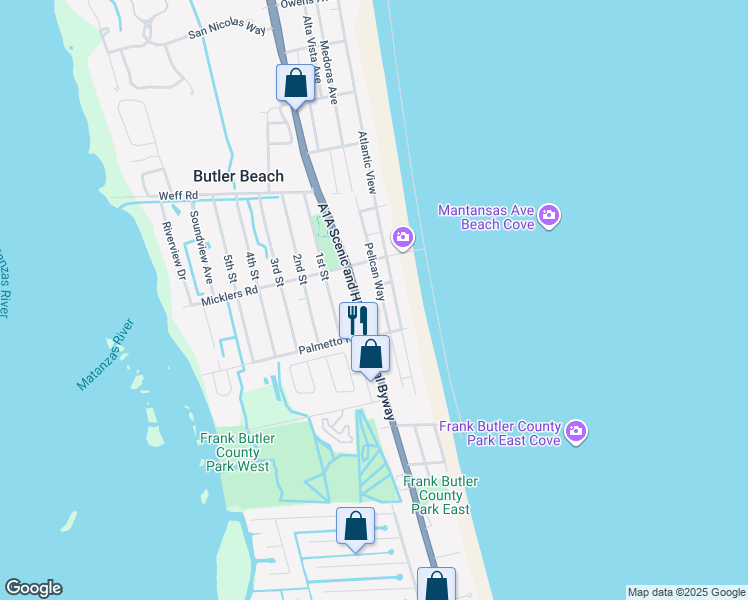 map of restaurants, bars, coffee shops, grocery stores, and more near 5489 Pelican Way in St. Augustine