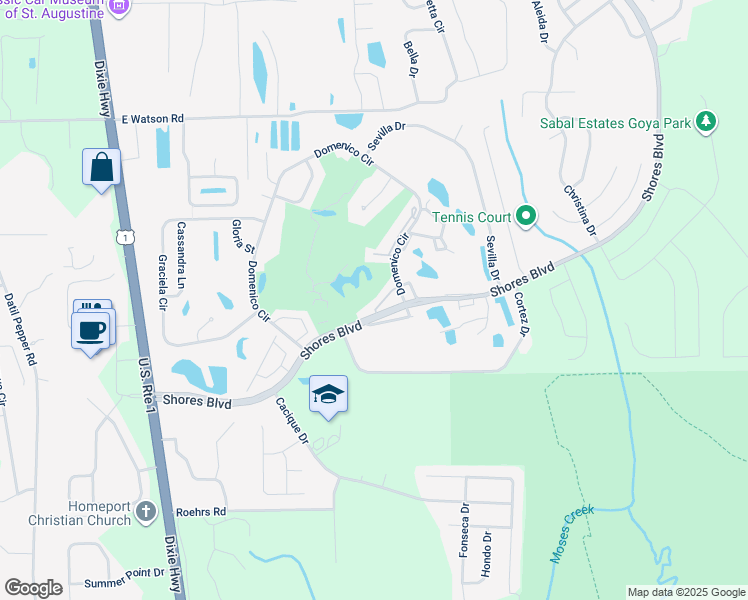 map of restaurants, bars, coffee shops, grocery stores, and more near 144 Casa Bella Lane in St. Augustine