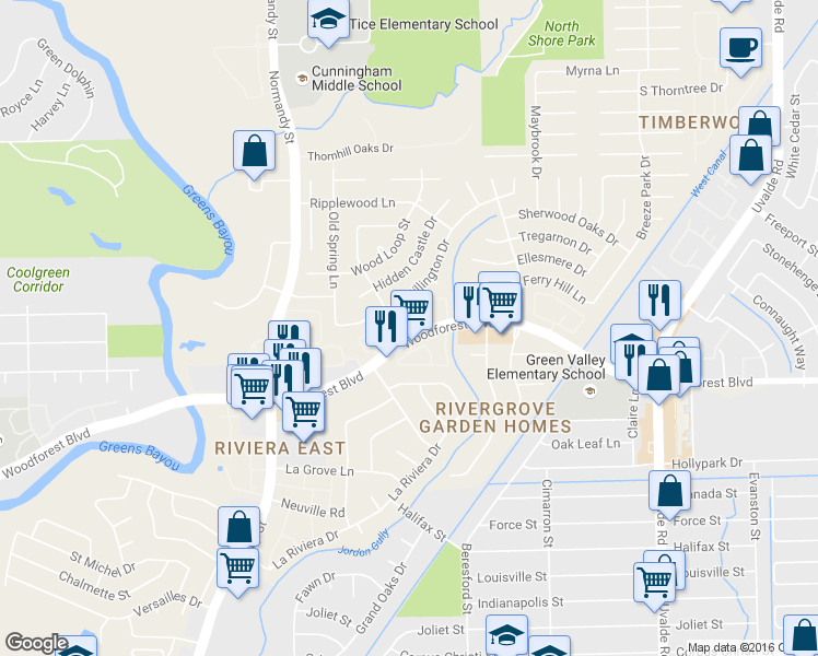 map of restaurants, bars, coffee shops, grocery stores, and more near 7 Woodforest Boulevard in Houston