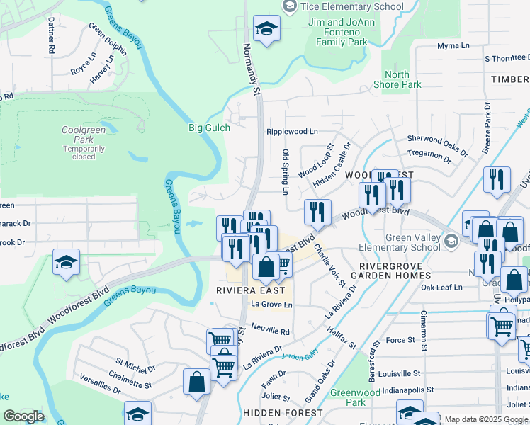 map of restaurants, bars, coffee shops, grocery stores, and more near 12603 Woodforest Boulevard in Houston