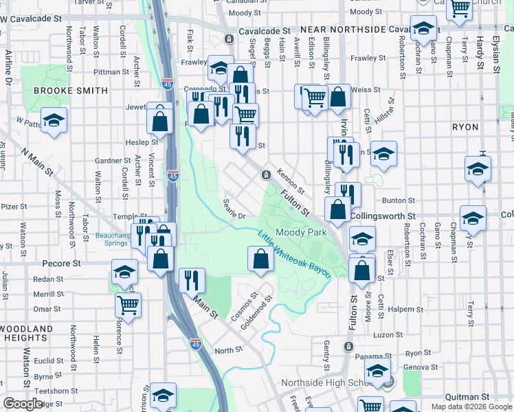 map of restaurants, bars, coffee shops, grocery stores, and more near 3802 Searle Drive in Houston