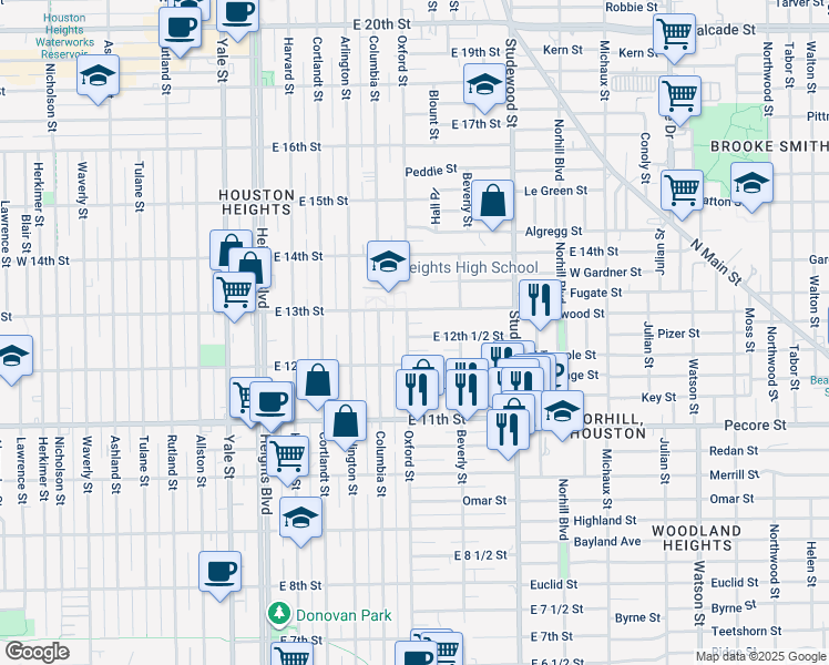 map of restaurants, bars, coffee shops, grocery stores, and more near 1209 Oxford Street in Houston